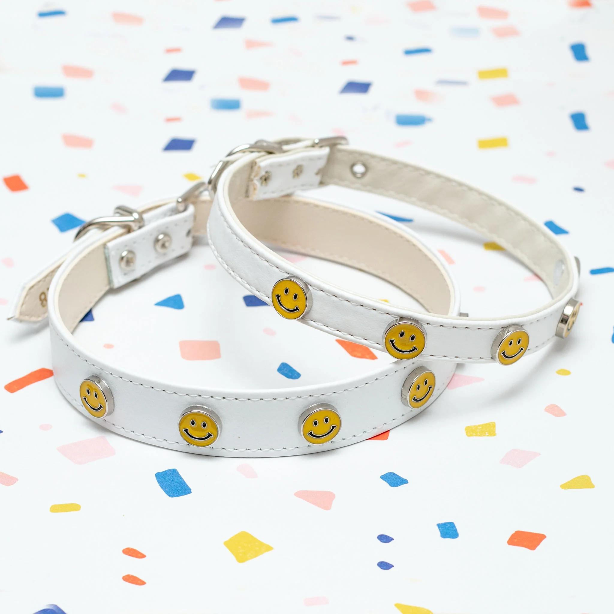 Smiley Face Vegan Leather Dog Collar in White (Made in the USA) - Image 3