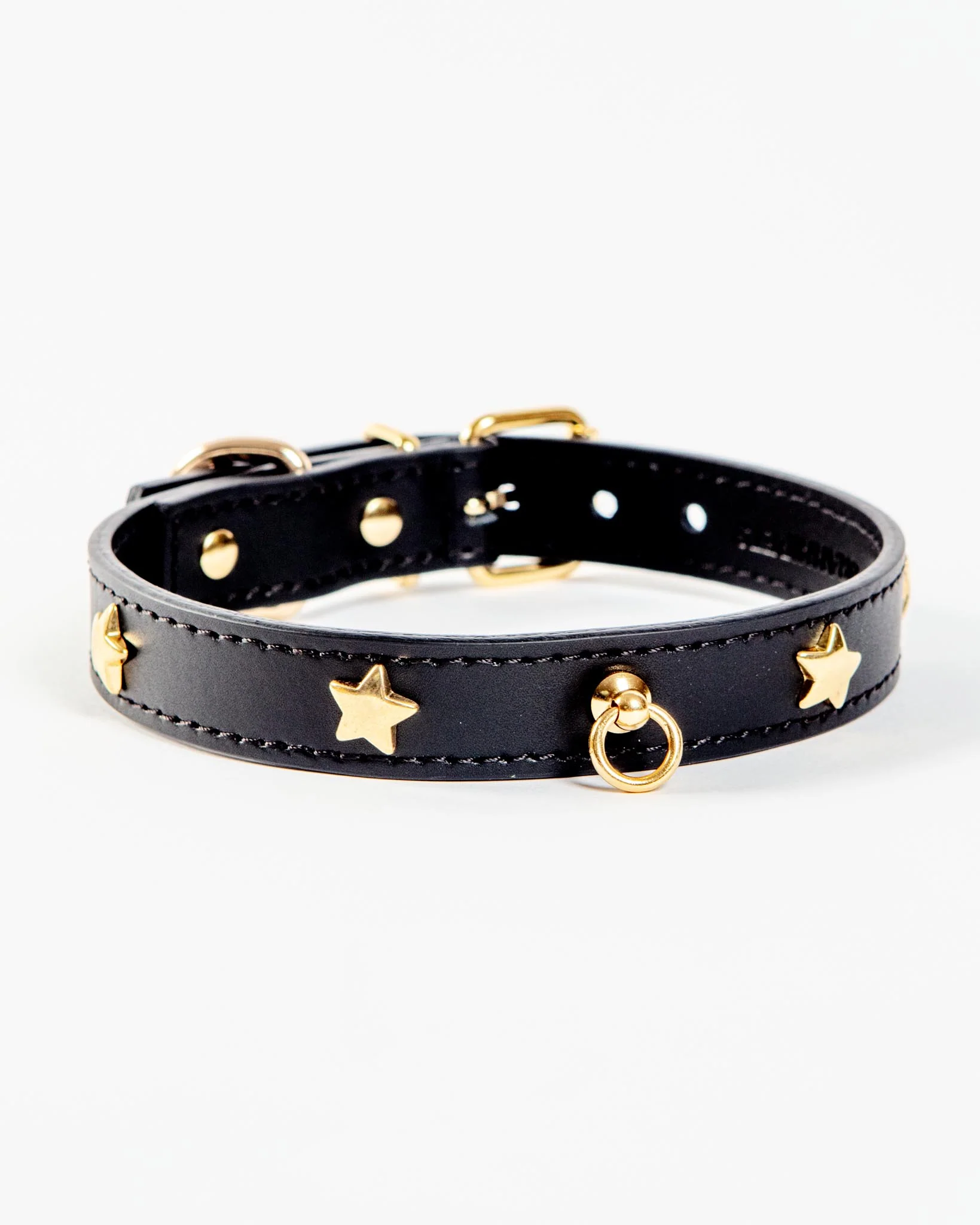Black Nara Leather Dog Collar with Brass Stars (Made in Italy) (FINAL SALE)