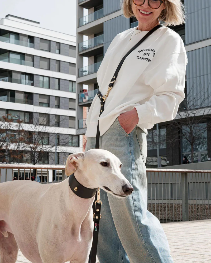 Black Nara Hands-Free Leather Dog Leash with Brass Hardware (Made in Italy)