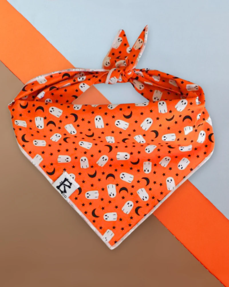 "Boo-Tiful Nights" Orange Ghosts Halloween Dog Bandana (Made in the USA) - Image 2