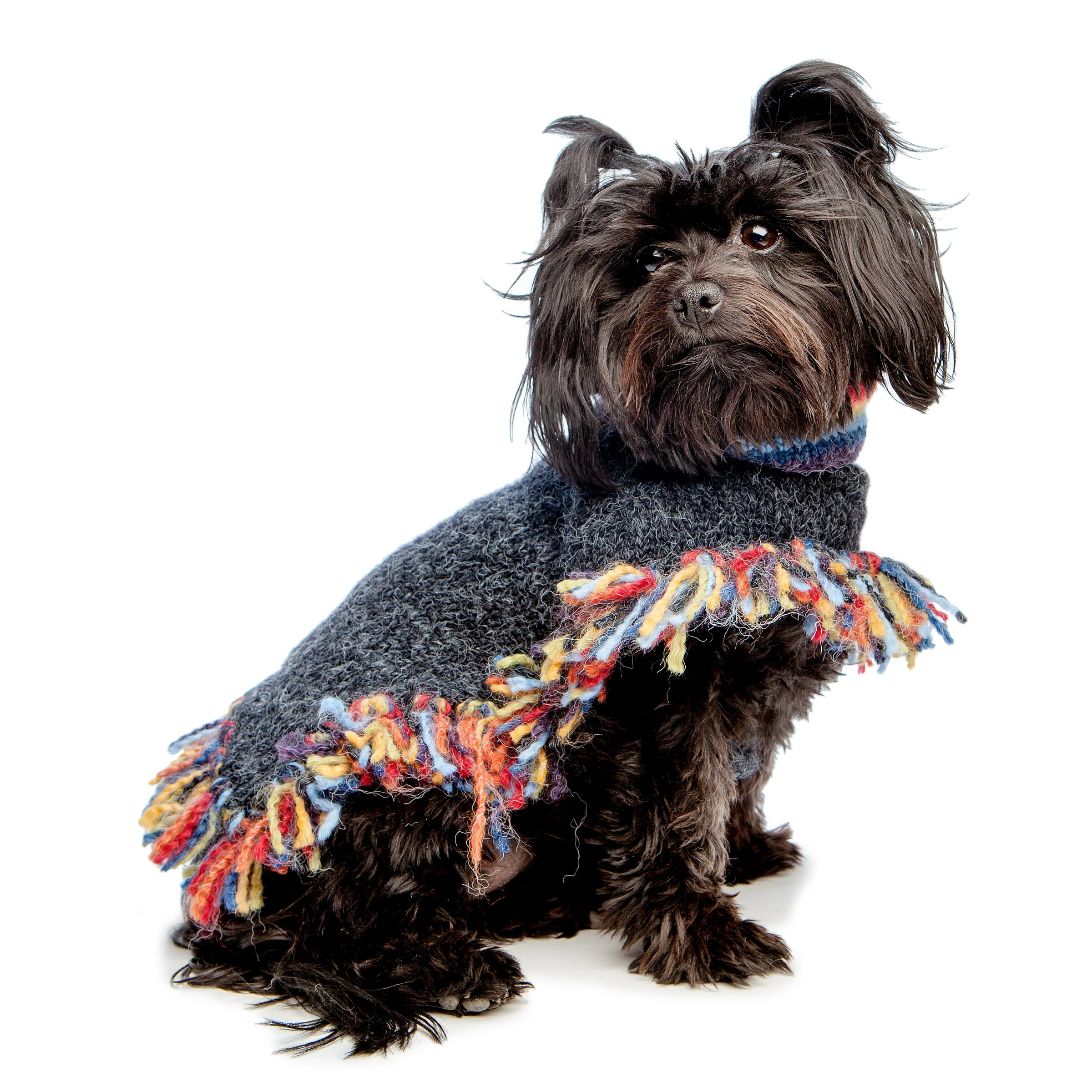 PERUVIAN KNITS | Grey & Rainbow Stripe Poncho - Image 2