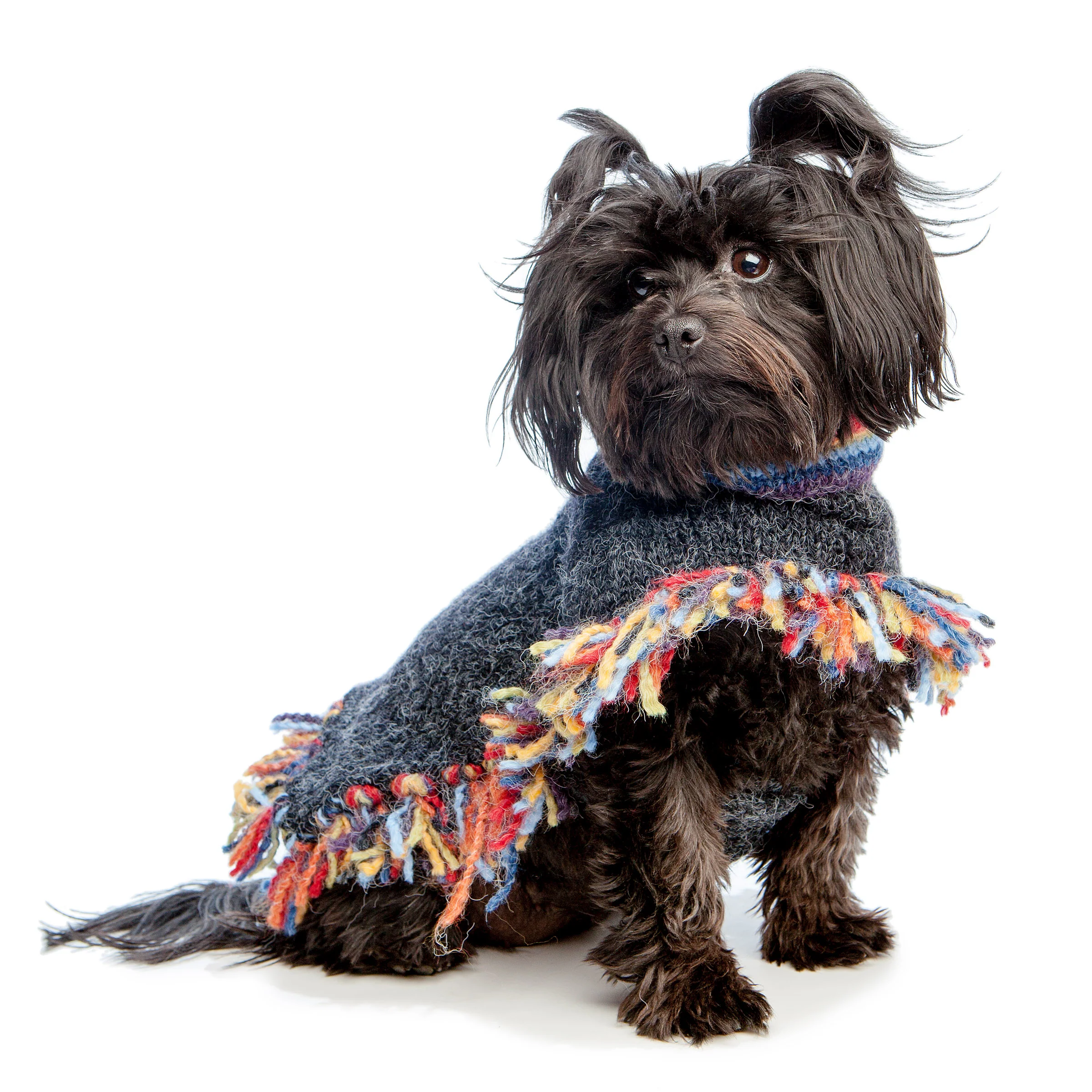 PERUVIAN KNITS | Grey & Rainbow Stripe Poncho - Image 3