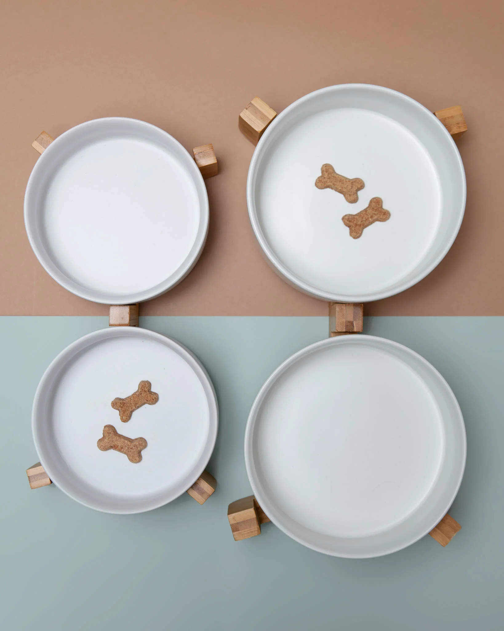Double Bowl + Stand Feeder in Eggshell and Bamboo - Image 2