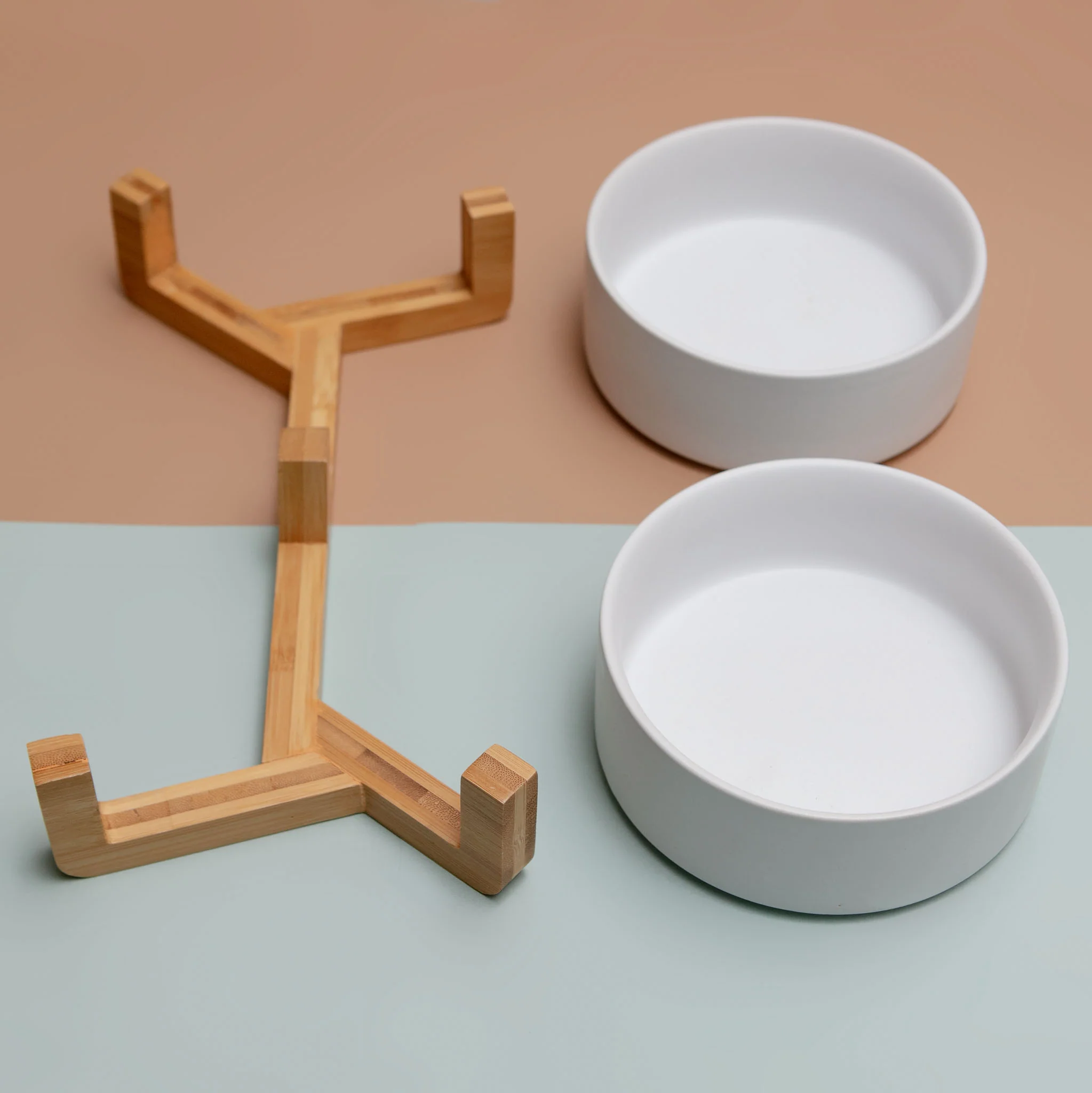 Double Bowl + Stand Feeder in Eggshell and Bamboo - Image 3