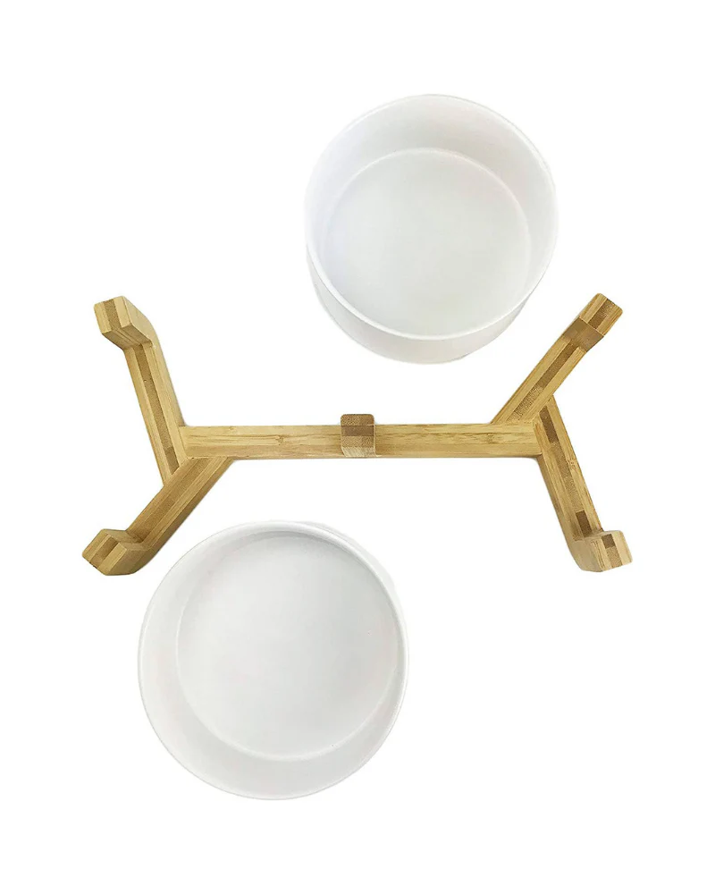 Double Bowl + Stand Feeder in Eggshell and Bamboo - Image 5