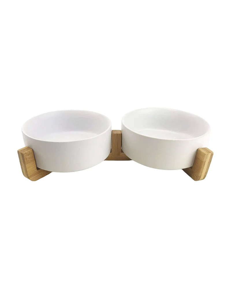 Double Bowl + Stand Feeder in Eggshell and Bamboo - Image 7