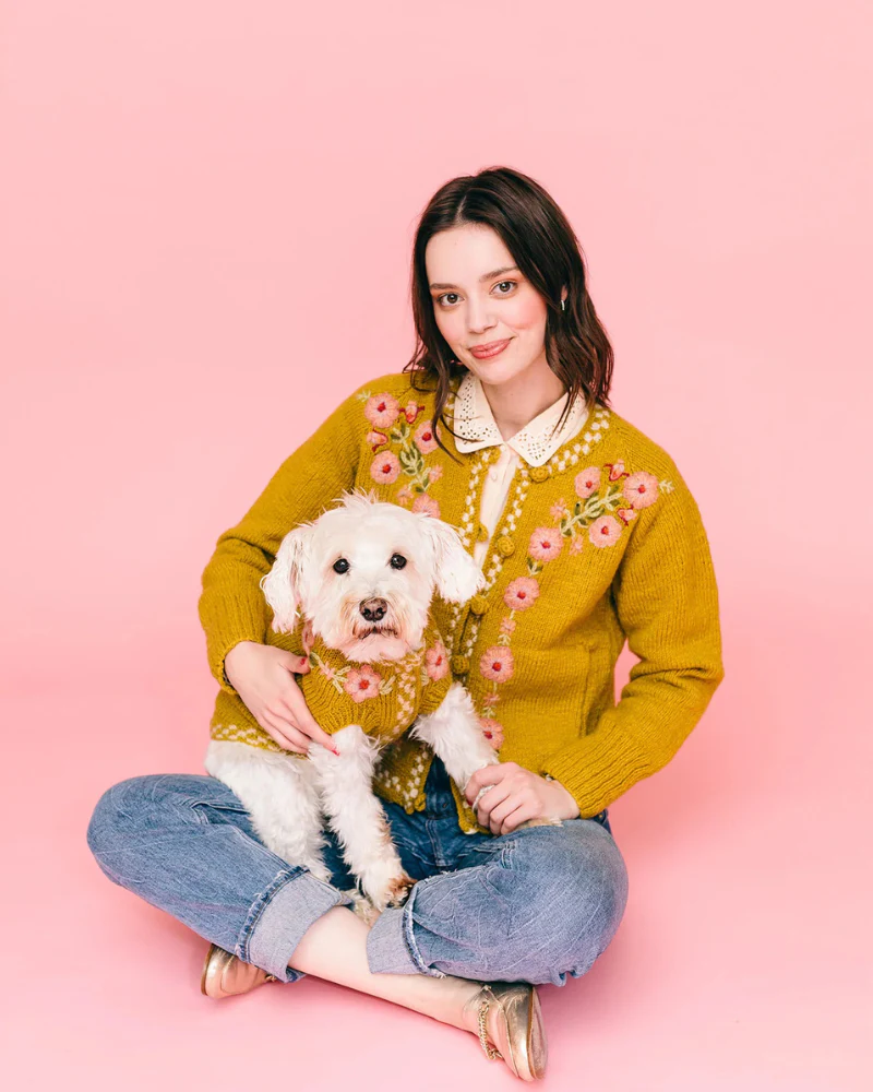 Yellow Floral Eileen Hand Embroidered Knitted Wool Dog Sweater - Image 3