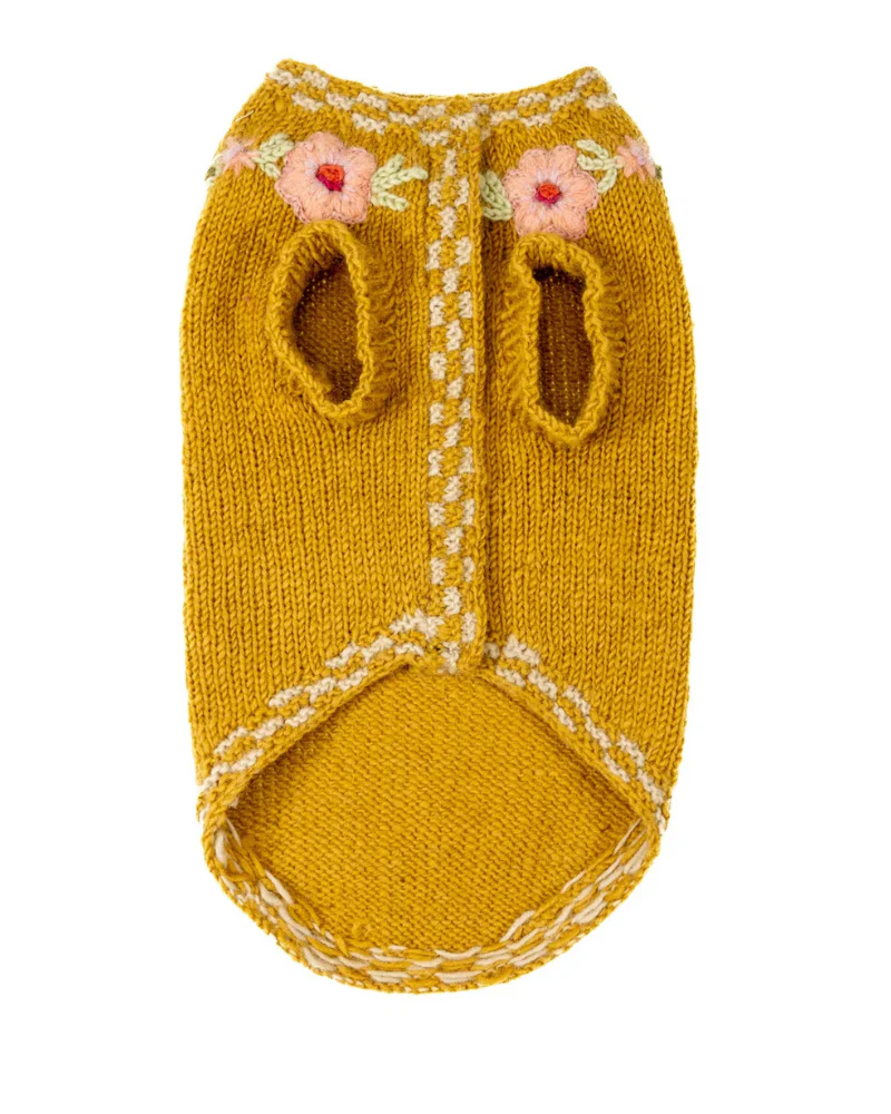 Yellow Floral Eileen Hand Embroidered Knitted Wool Dog Sweater - Image 4