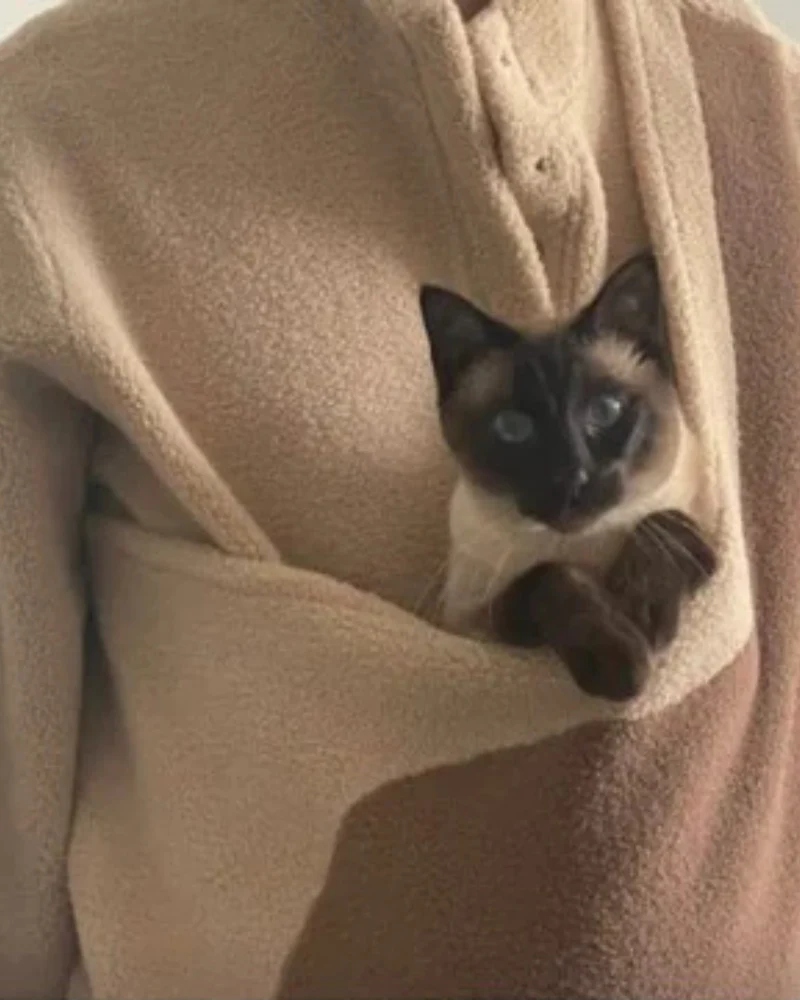 Fleece Pullover with Built-In Pet Pouch Carrier in Classic Tan - Image 14