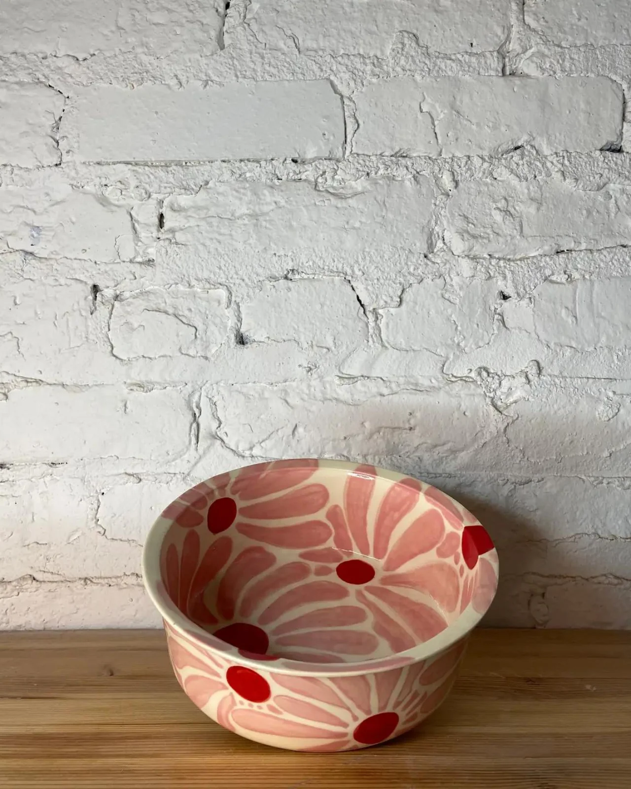 Handmade Ceramic Dog Bowl in Pink & Red Retro Flower (Made in the USA) - Image 2