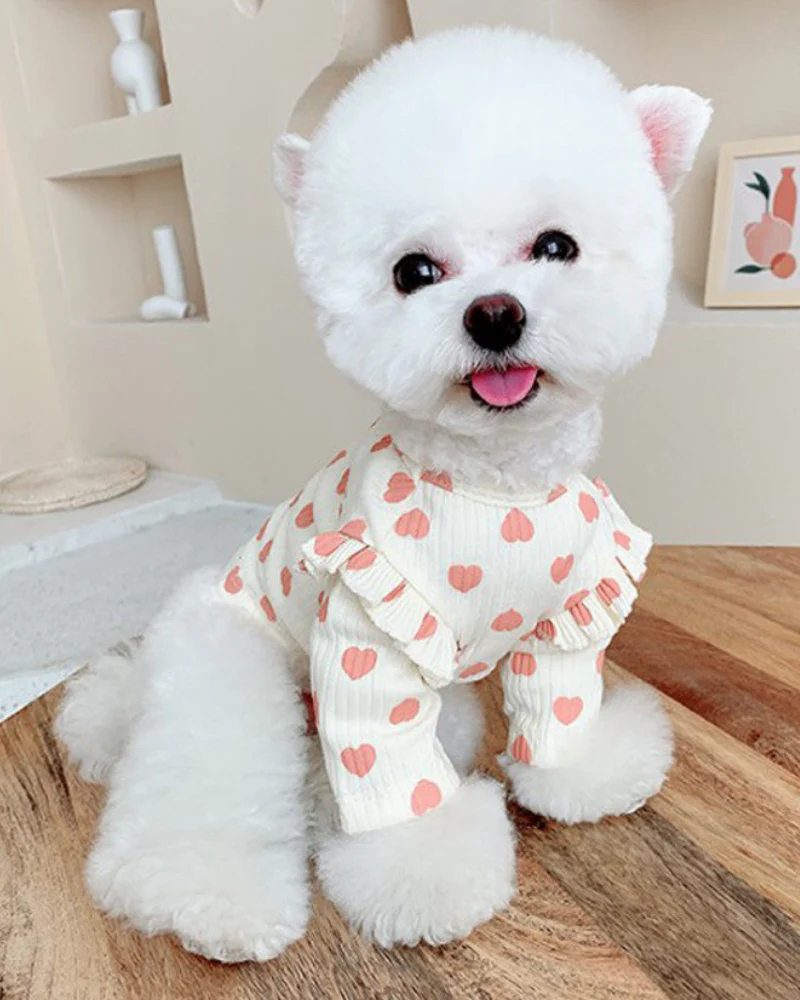 Heart Print Ruffle Tee in White + Pink