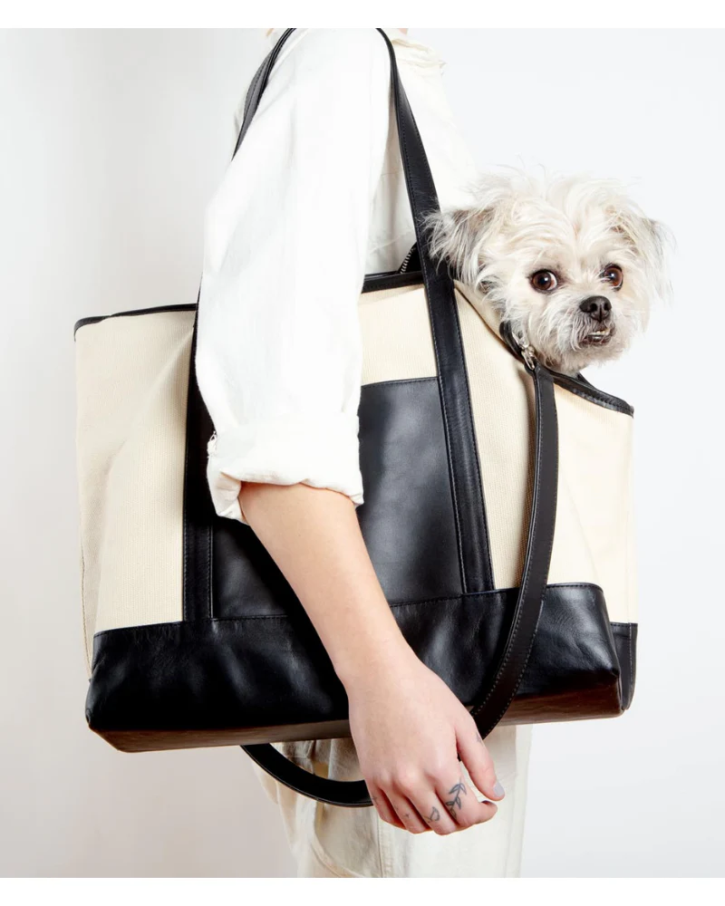 Black Leather & Natural Canvas Luxe Dog Carrier (Made in Mexico)(Dog & Co. Exclusive) (FINAL SALE) - Image 12