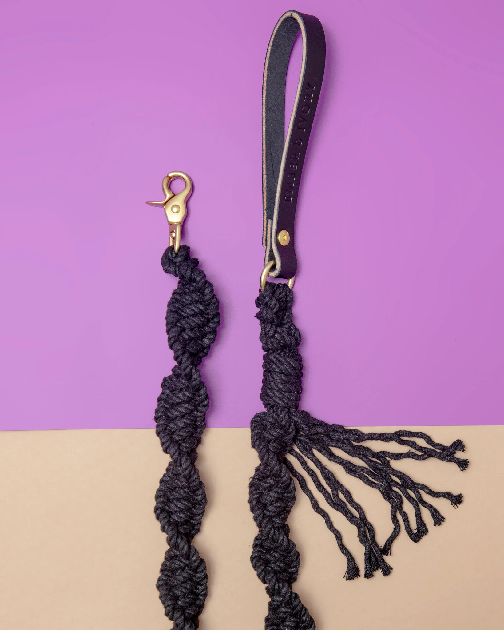 Macrame and Leather Dog Leash in Black (Made in the USA) - Image 2