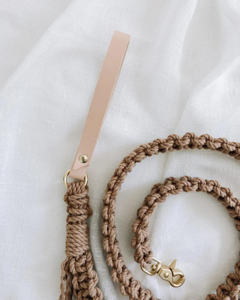 Macrame and Leather Dog Leash in Brown (Made in the USA) - Image 3