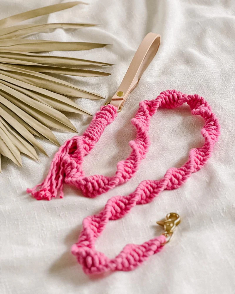 Macrame and Leather Dog Leash in Hot Pink (Made in the USA)