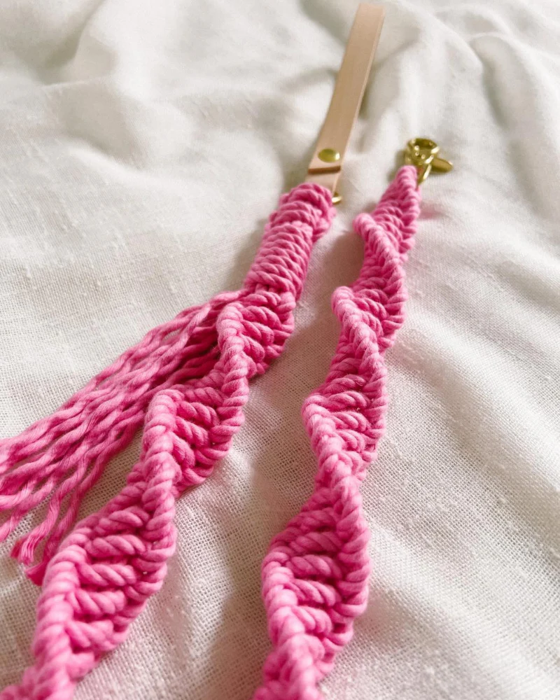 Macrame and Leather Dog Leash in Hot Pink (Made in the USA) - Image 3