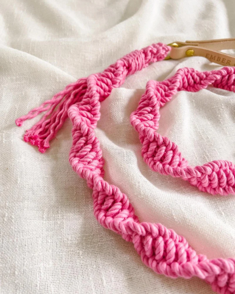Macrame and Leather Dog Leash in Hot Pink (Made in the USA) - Image 4
