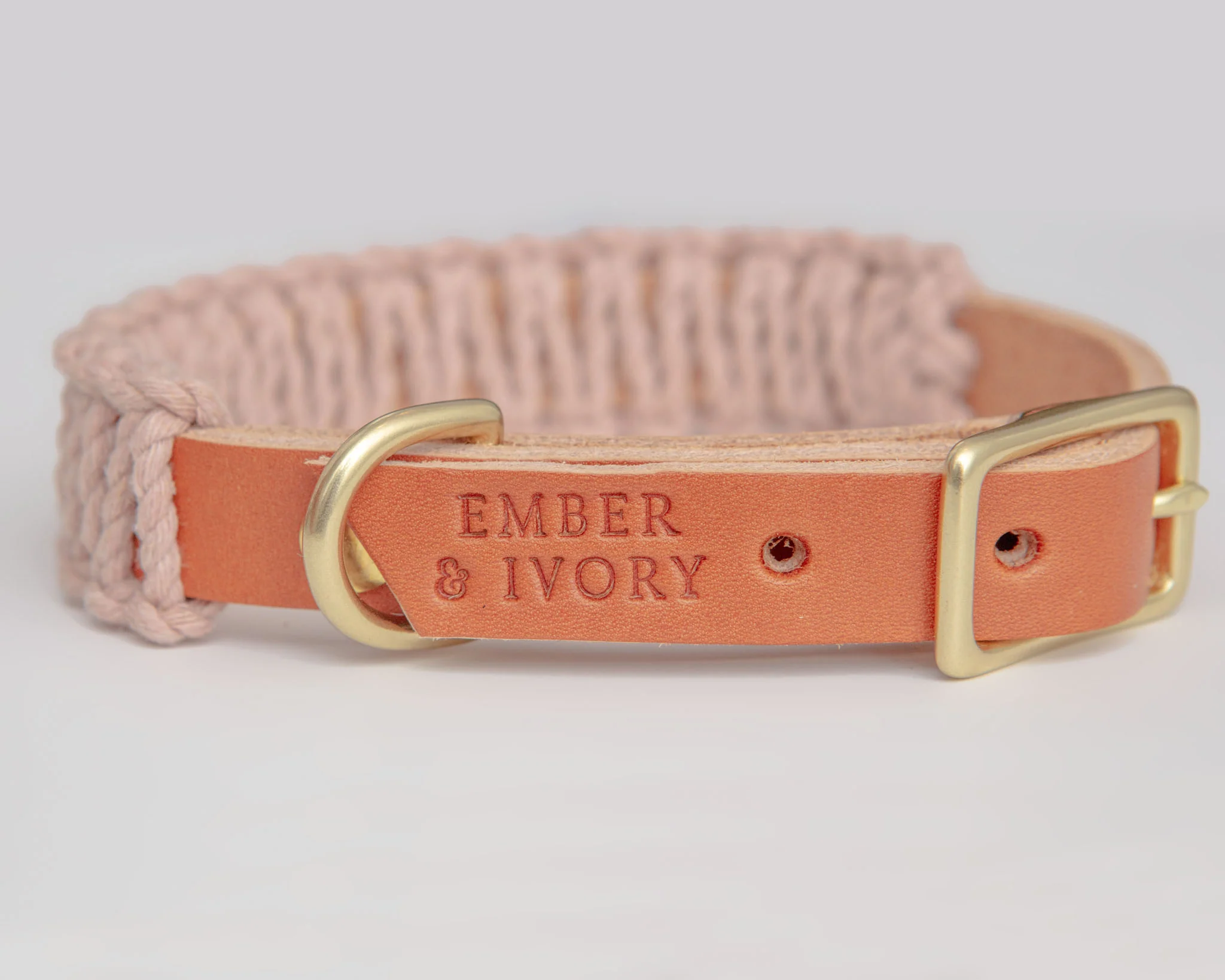 Macrame & Leather Dog Collar in Blush w/ Caramel (Made in the USA) (CLEARANCE) - Image 4