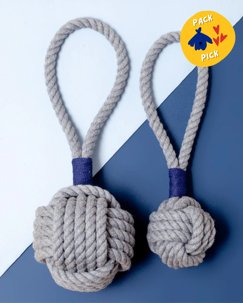 Monkey Fist Rope Dog Toy in Gray with Navy Whipping (Made in the USA)