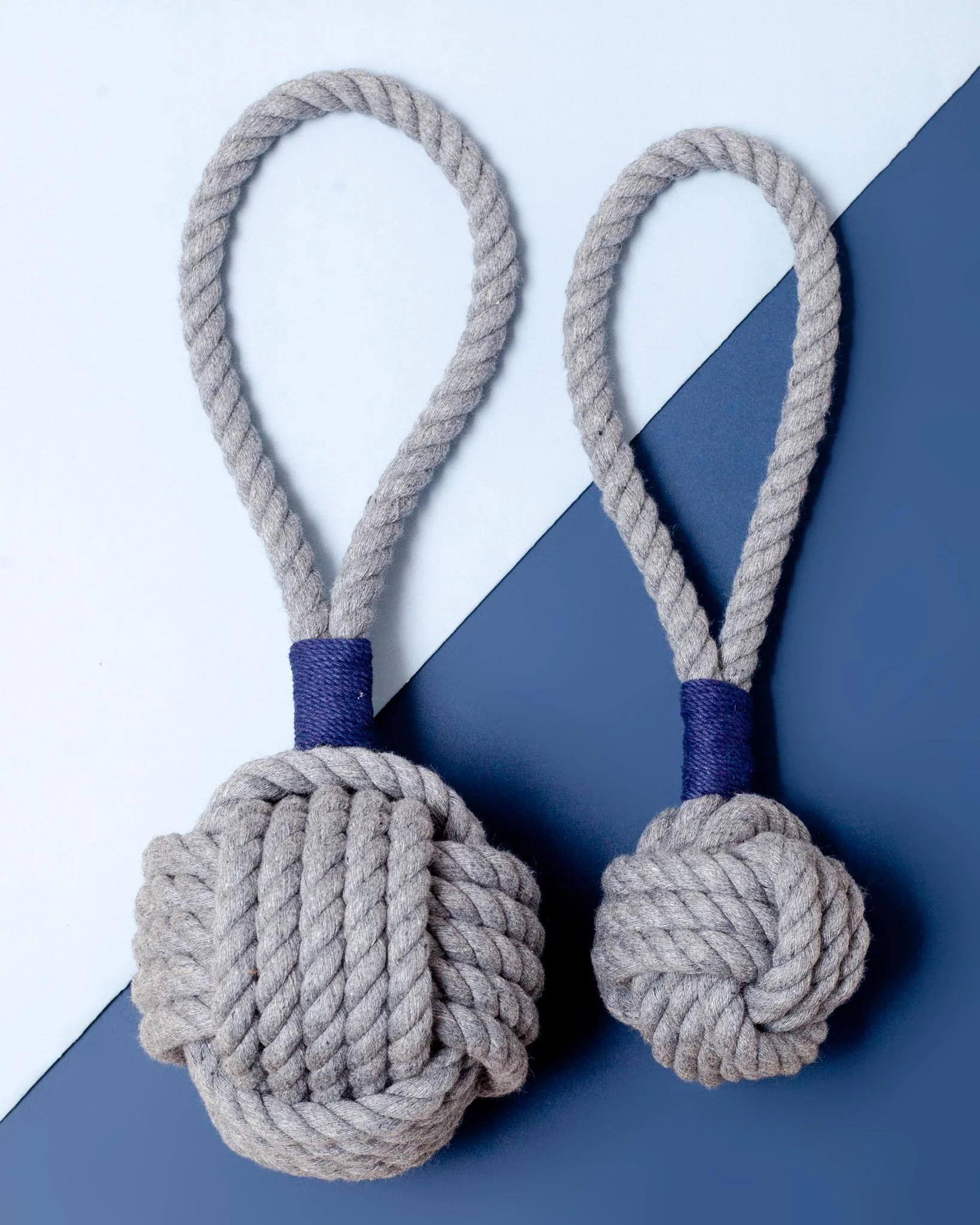 Monkey Fist Rope Dog Toy in Gray with Navy Whipping (Made in the USA) - Image 2