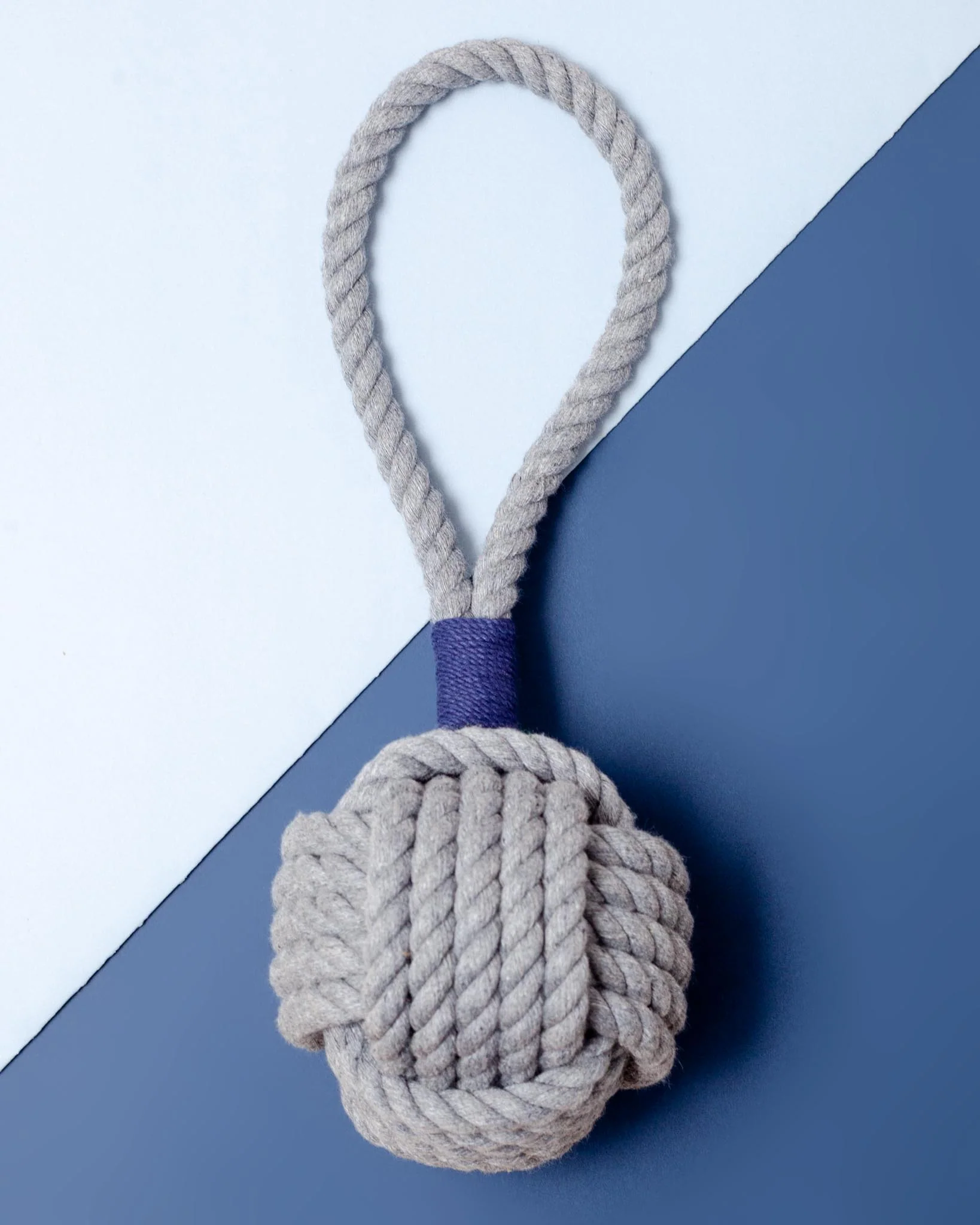 Monkey Fist Rope Dog Toy in Gray with Navy Whipping (Made in the USA) - Image 3