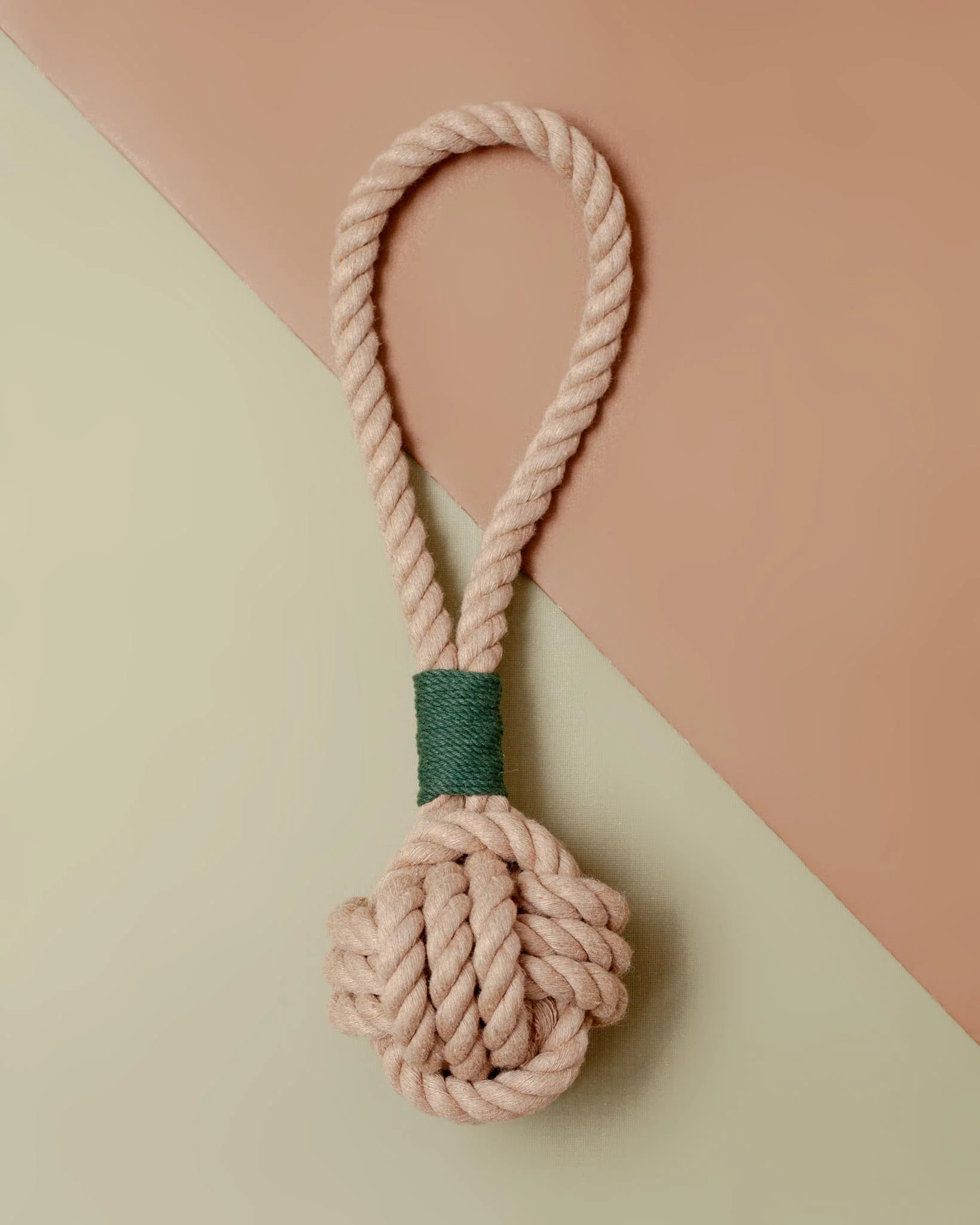 Monkey Fist Rope Dog Toy in Tan with Forest Green Whipping (Made in the USA) - Image 2
