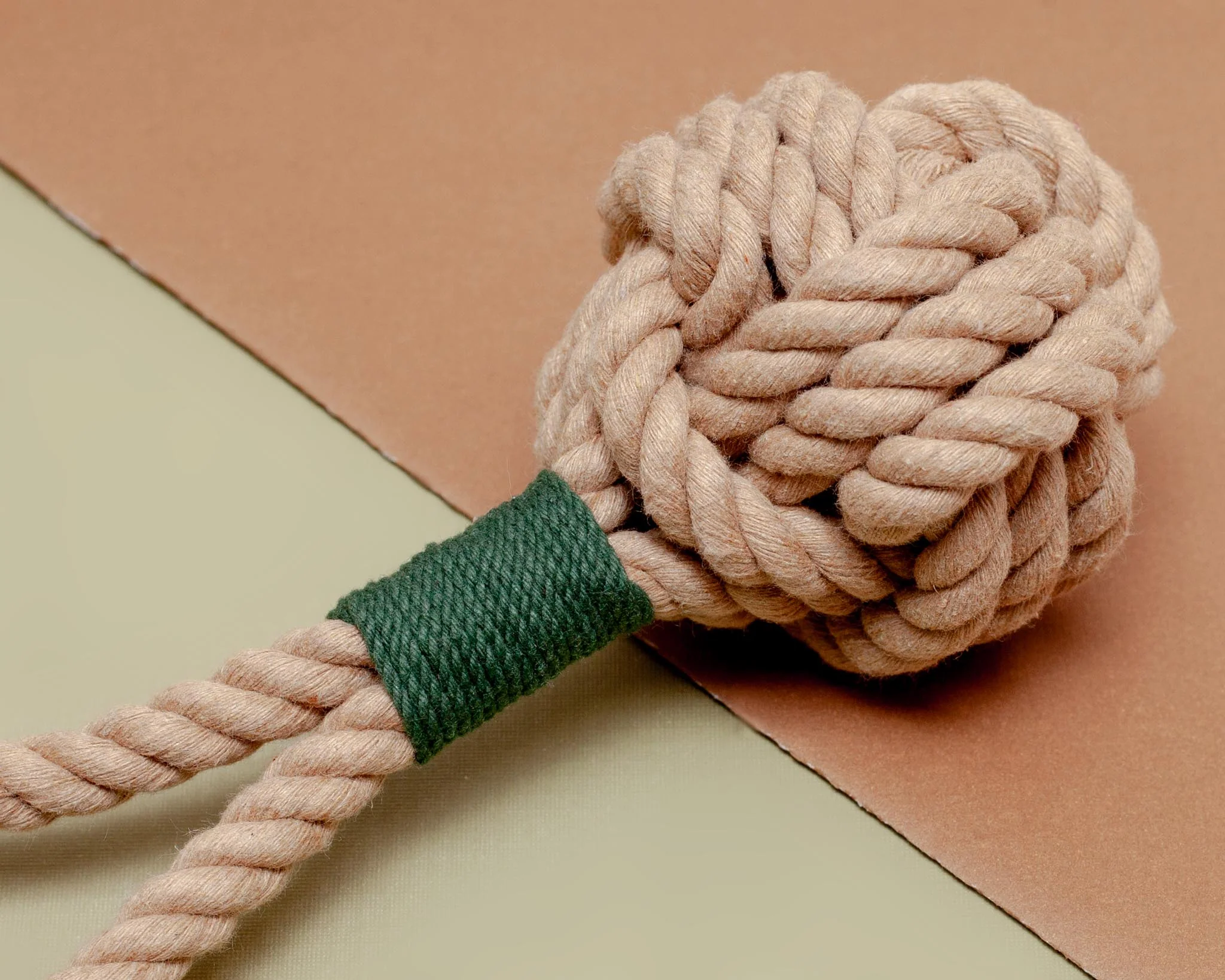 Monkey Fist Rope Dog Toy in Tan with Forest Green Whipping (Made in the USA) - Image 4