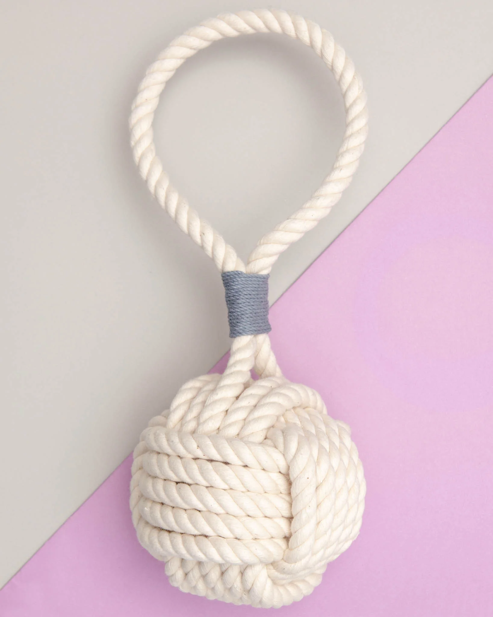 Monkey Fist Rope Dog Toy in White with Grey Whipping (Made in the USA)