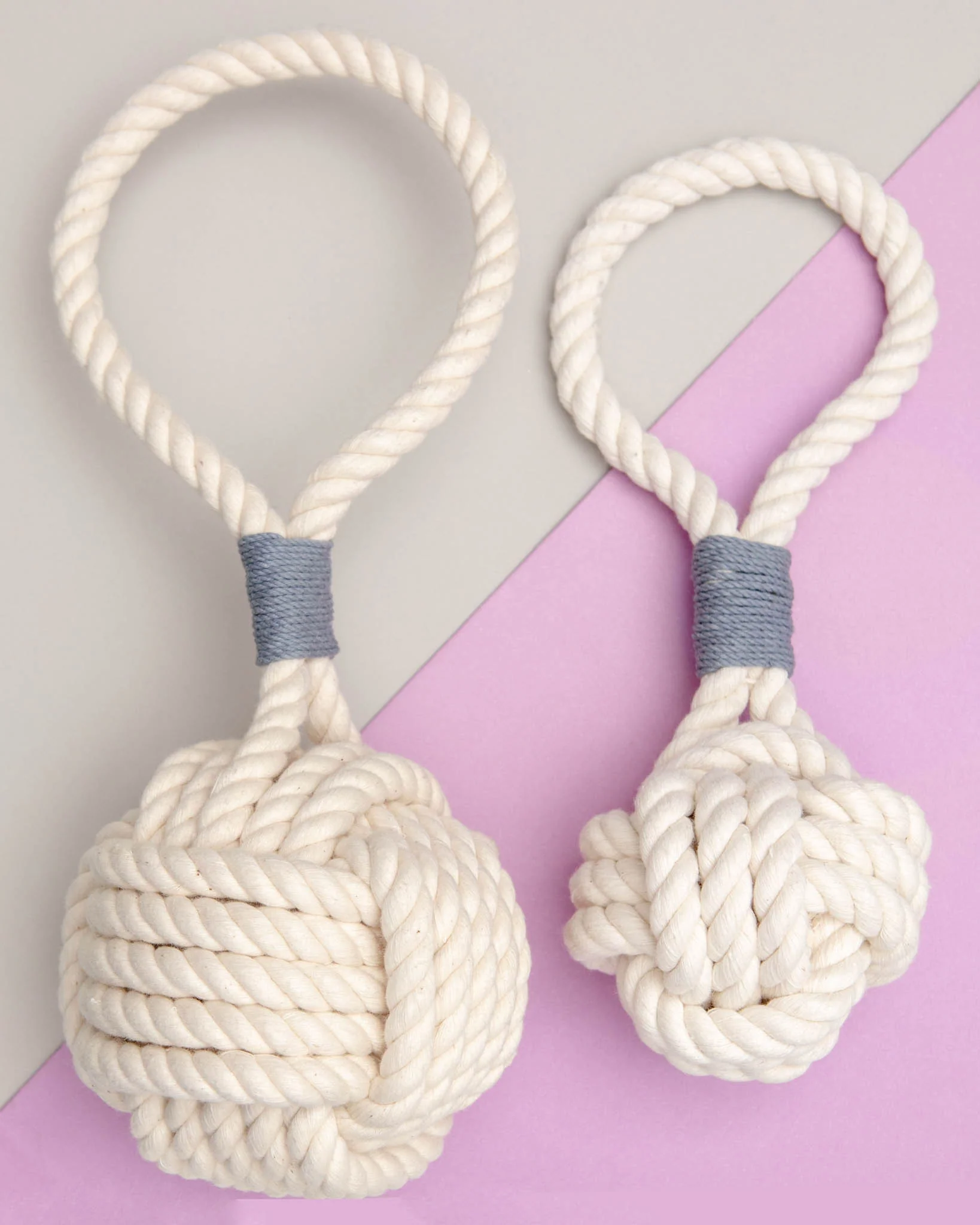Monkey Fist Rope Dog Toy in White with Grey Whipping (Made in the USA) - Image 2