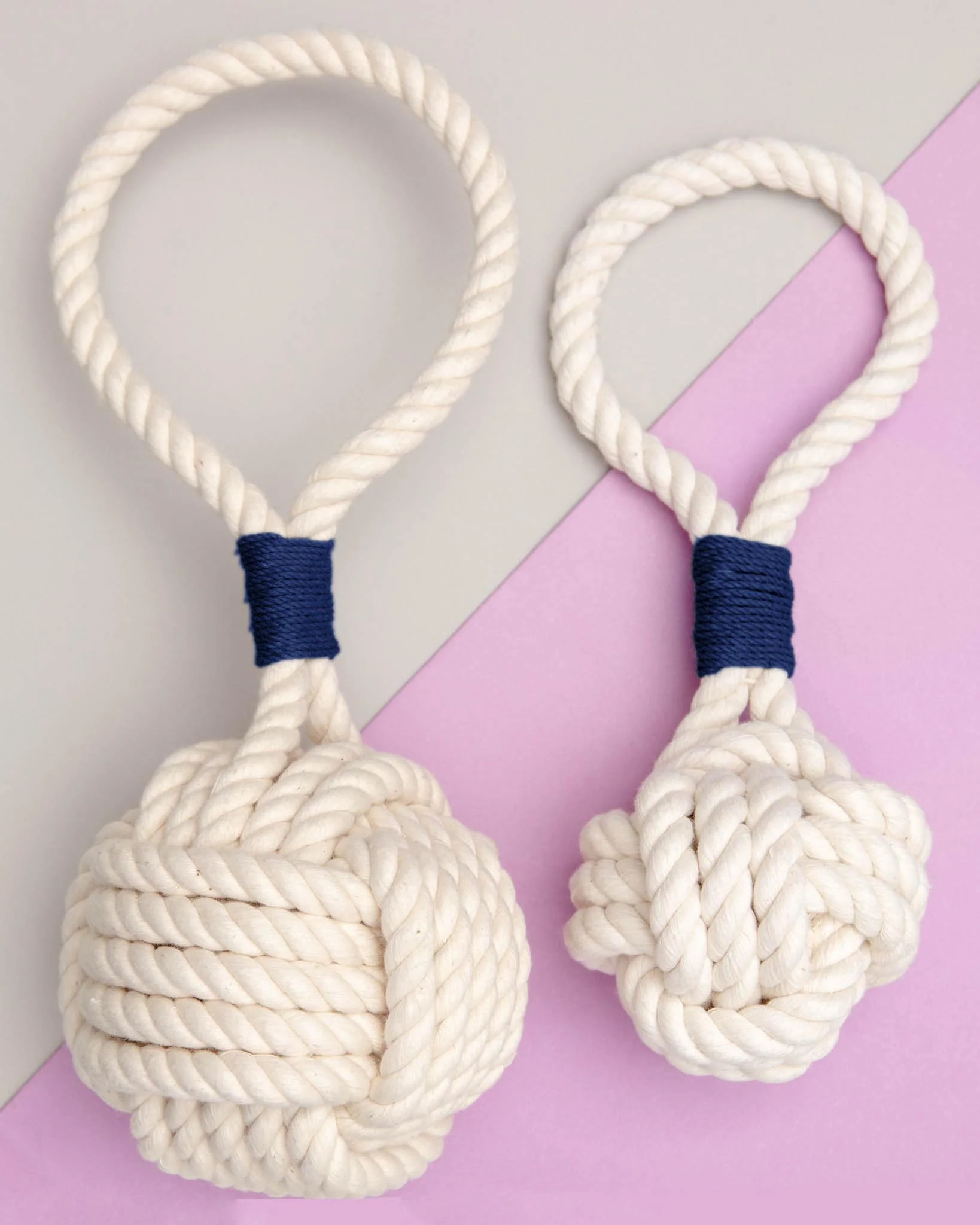 Monkey Fist Rope Dog Toy in White with Navy Whipping (Made in the USA)