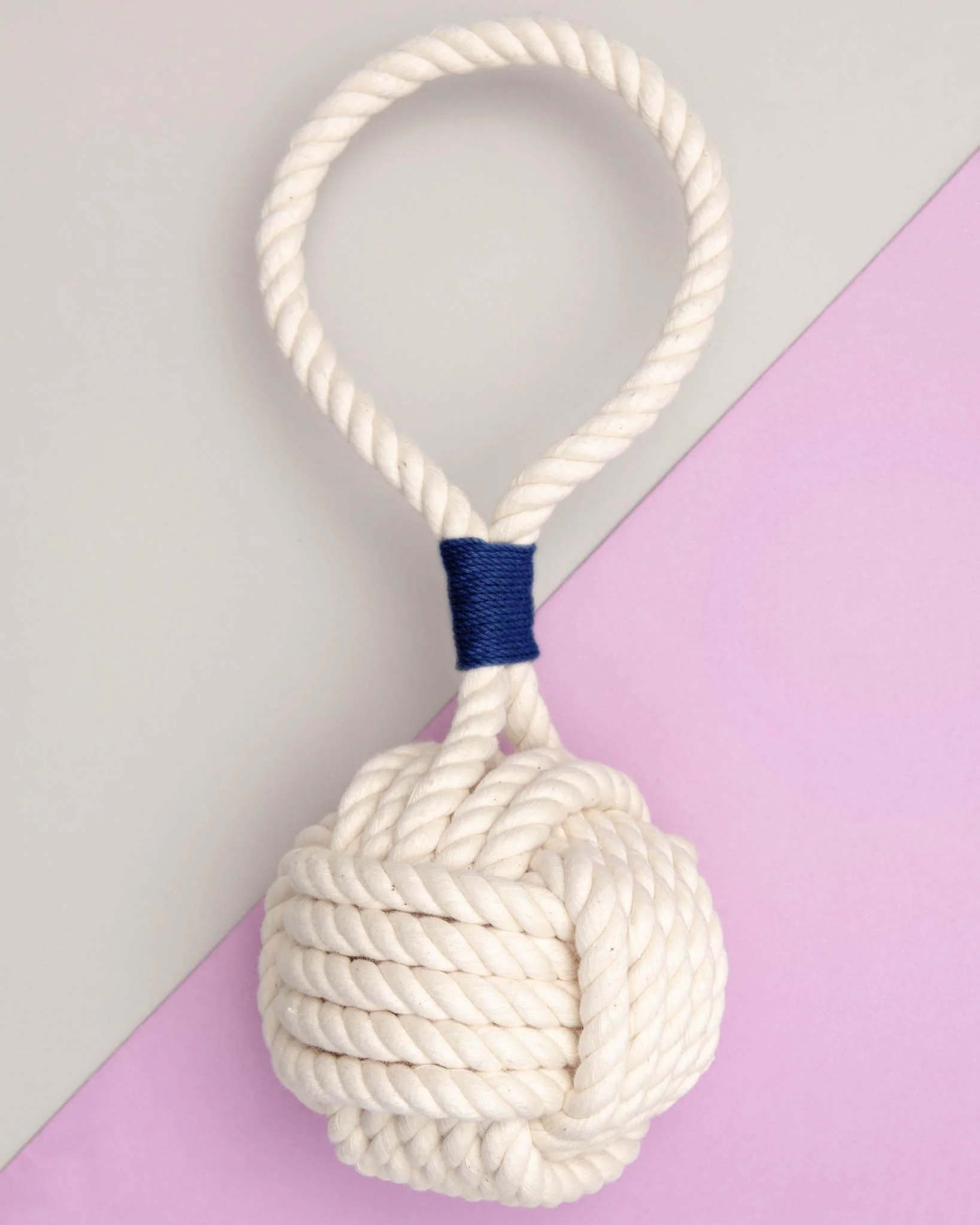 Monkey Fist Rope Dog Toy in White with Navy Whipping (Made in the USA) - Image 2