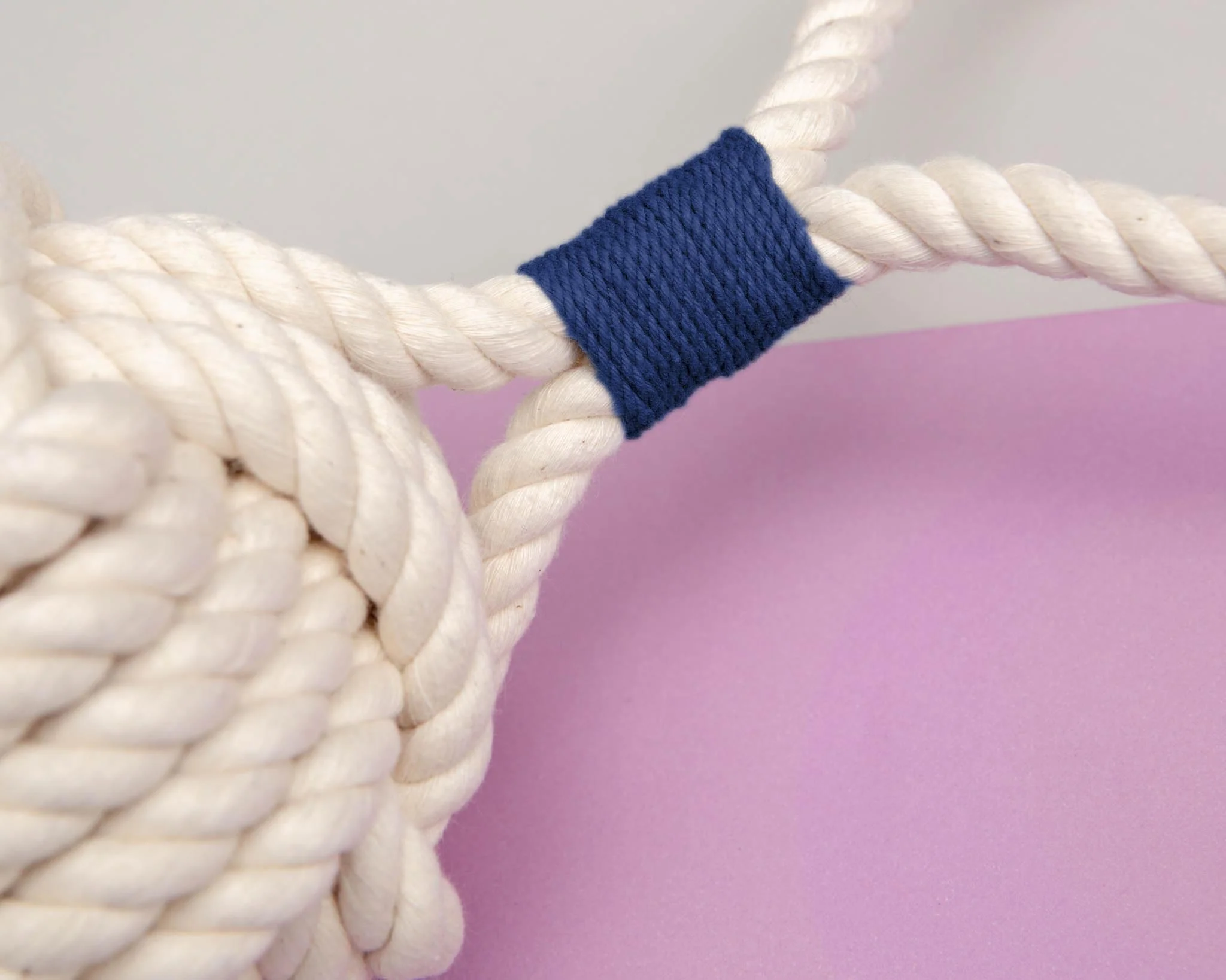 Monkey Fist Rope Dog Toy in White with Navy Whipping (Made in the USA) - Image 3