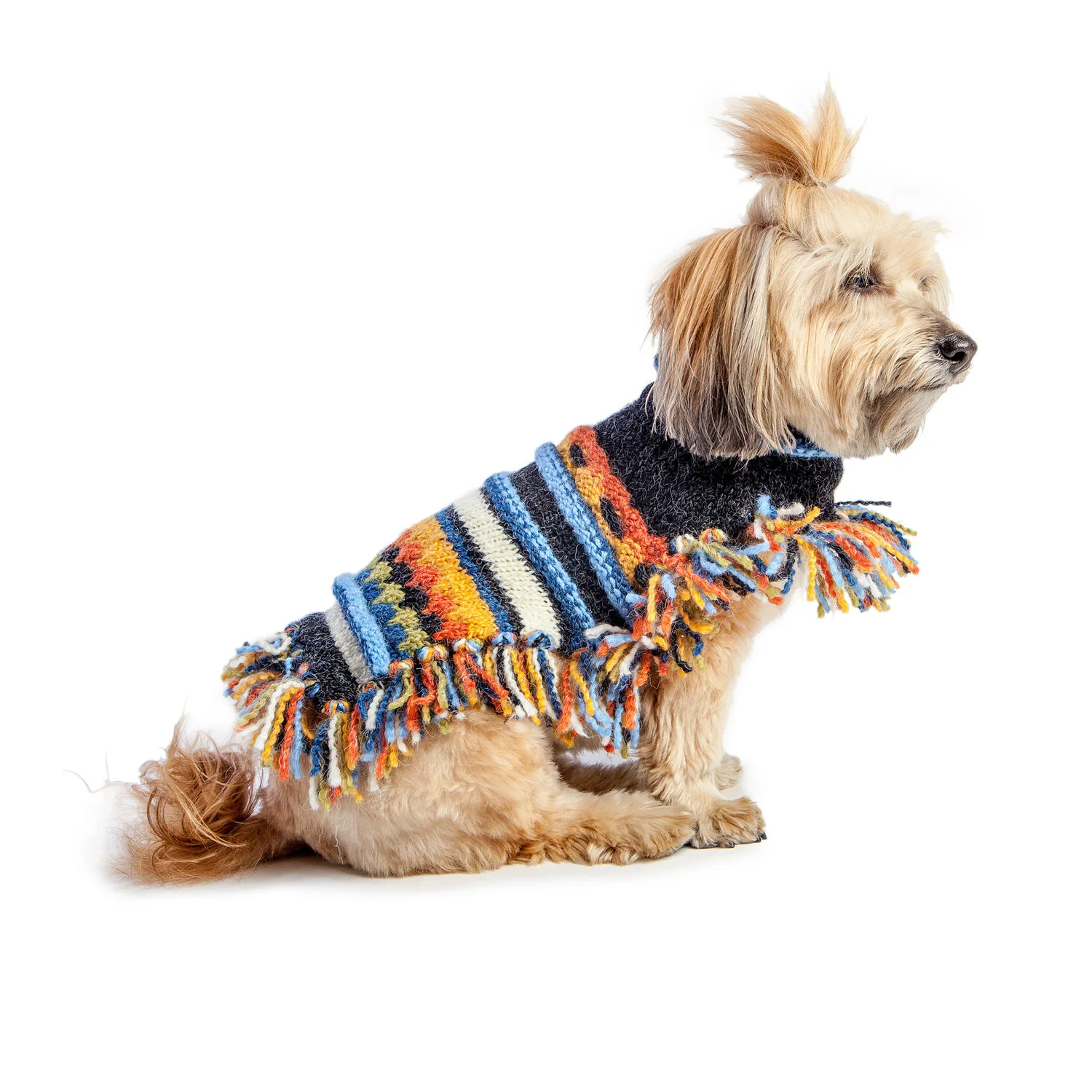 PERUVIAN KNITS | Fringe Poncho Sweater in Blue Stripe - Image 3