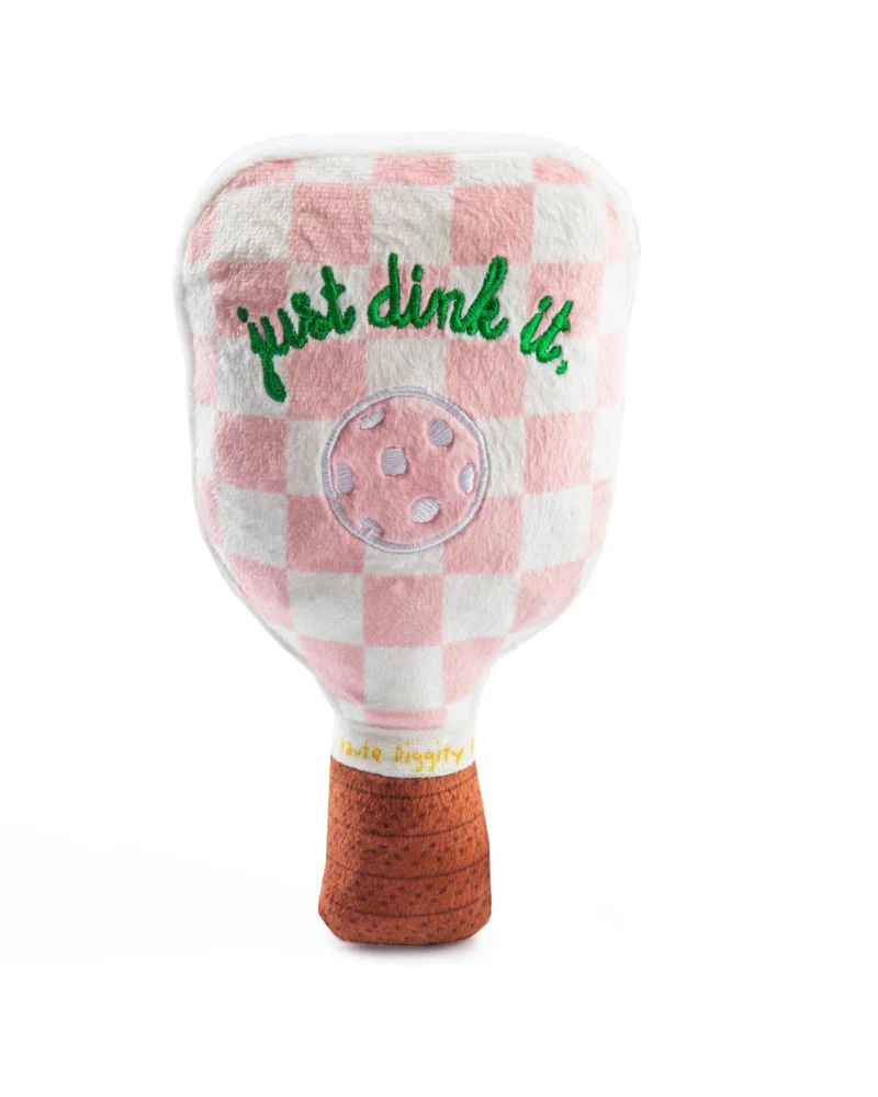 Pink Check Pickleball Paddle Plush Squeaky Dog Toy - Image 3