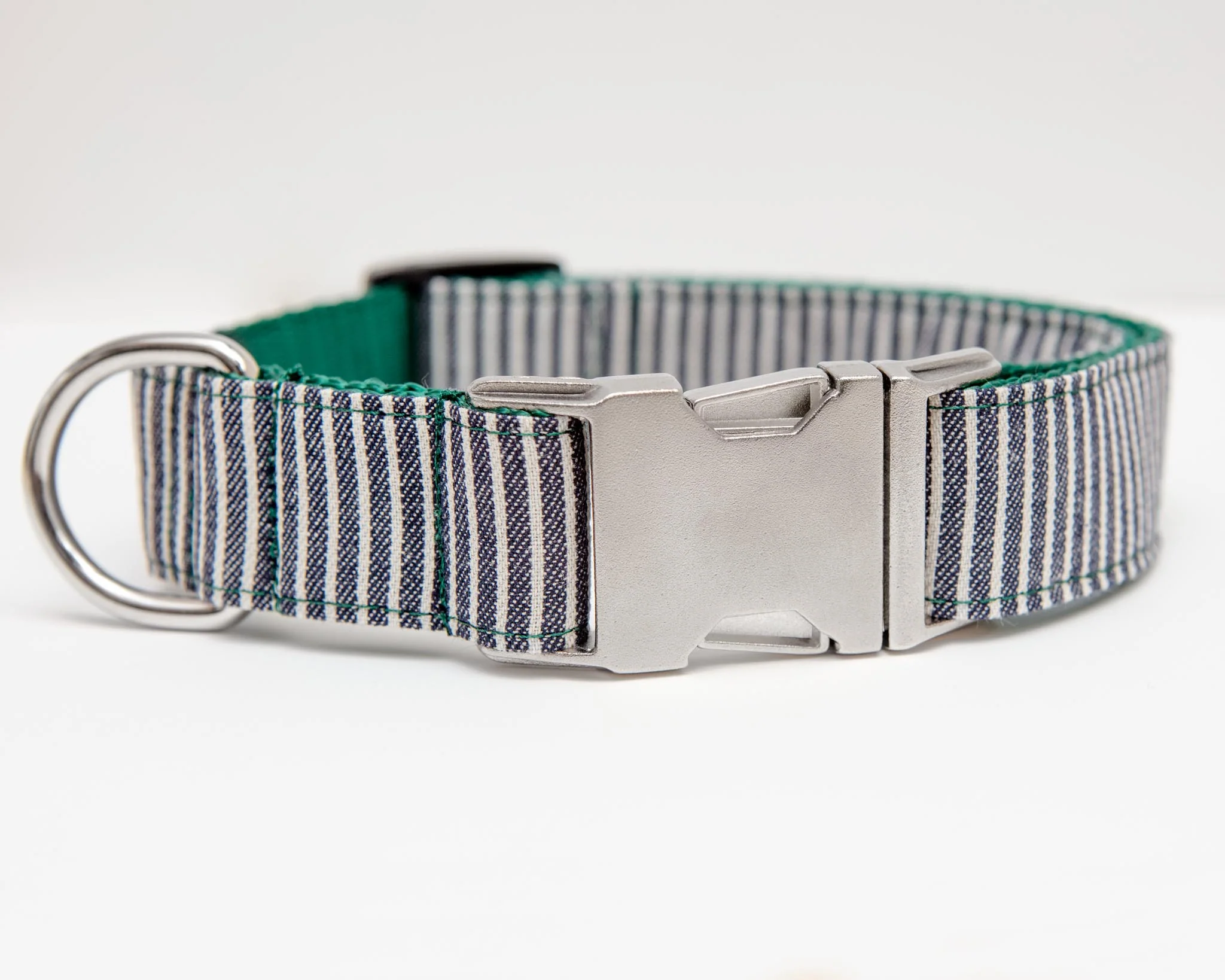 Railroad Canvas Stripe Denim with Forest Green DOG COLLAR (Made in the USA) (FINAL SALE) - Image 3