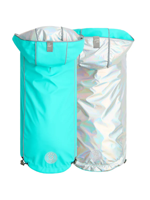 Reversible Waterproof Dog Raincoat in Iridescent + Turquoise - Image 9