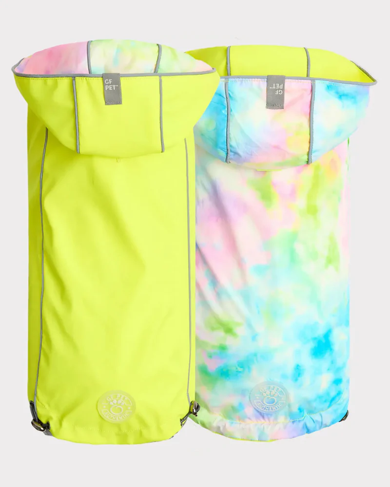 Reversible Waterproof Dog Raincoat in Neon Yellow & Tie-Dye - Image 3