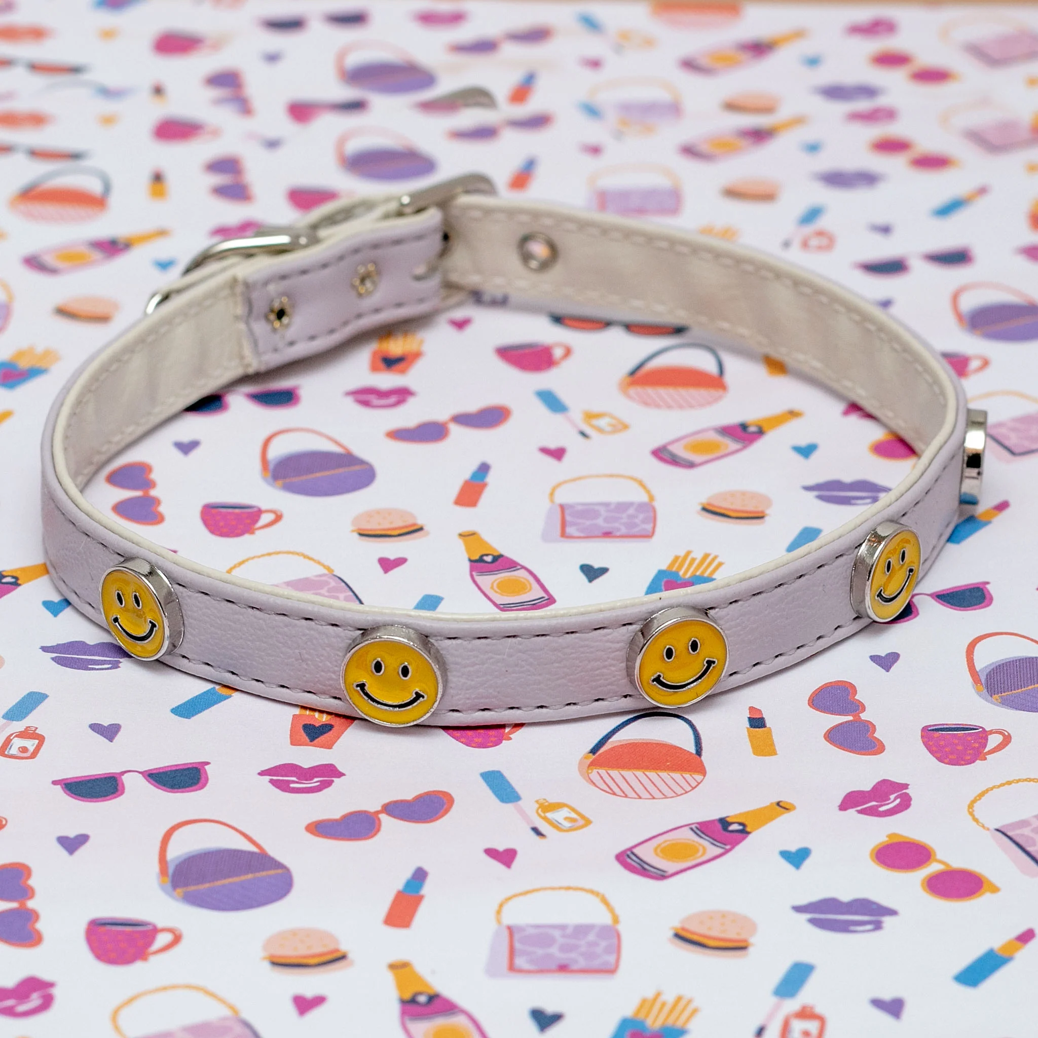 Smiley Face Vegan Leather Dog Collar in Lightest Lilac (Made in the USA) << FINAL SALE >> - Image 3