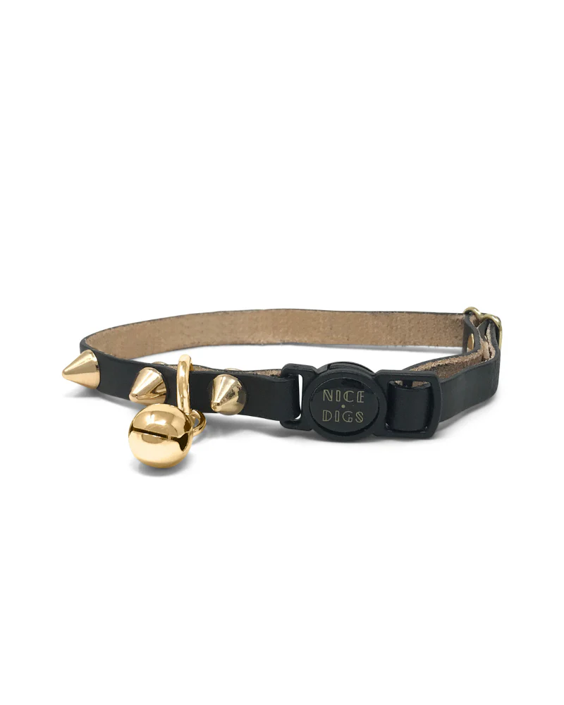 Spike Leather Cat Collar in Gold Noir - Image 2