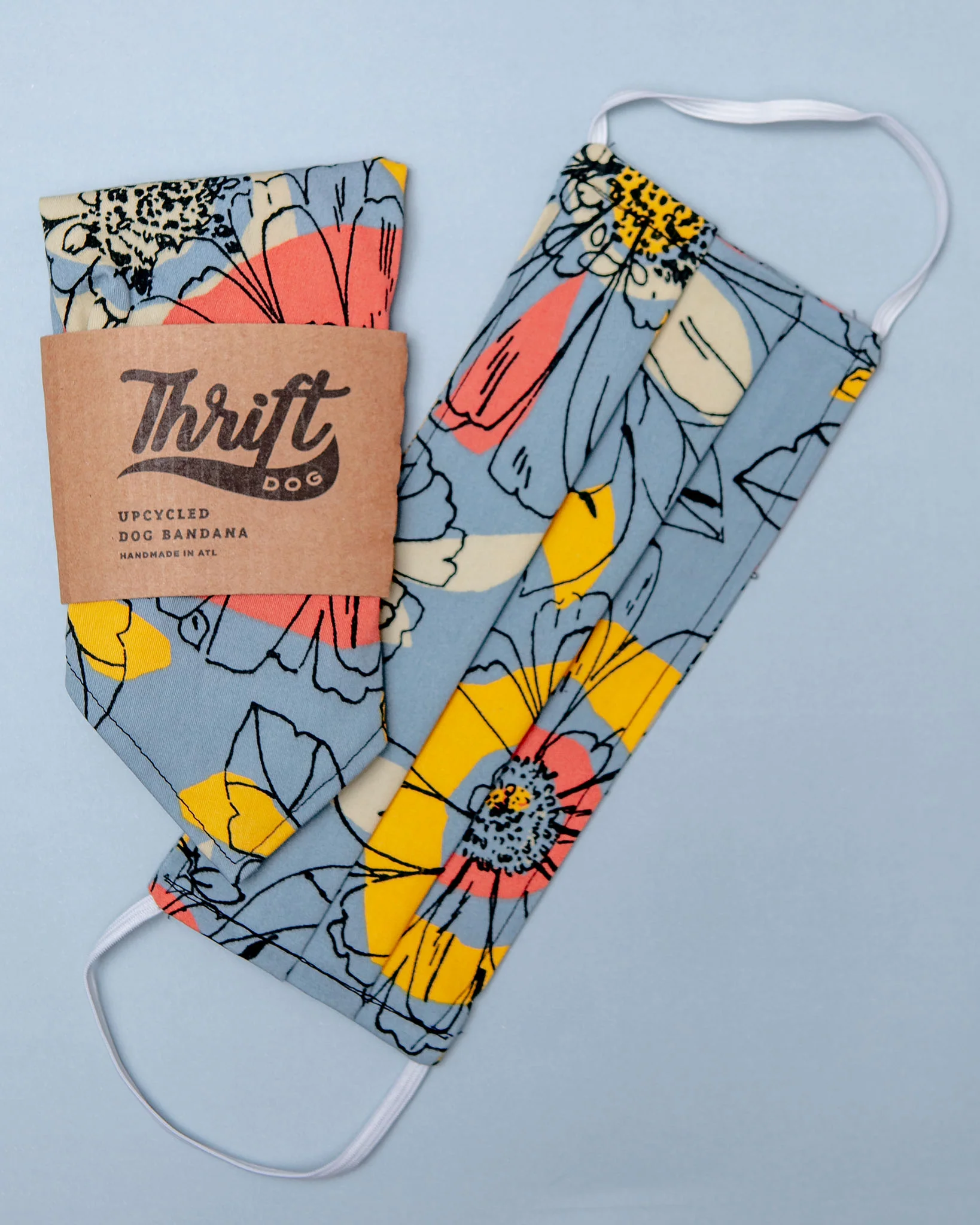 Matching Face Mask & Dog Bandana Set in Steel Blue Floral (Made in the USA)
