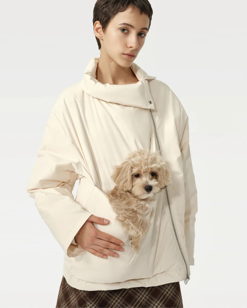 Unisex Asymmetric Puffer Jacket with Built-In Kangaroo Dog Pouch Carrier - Image 2