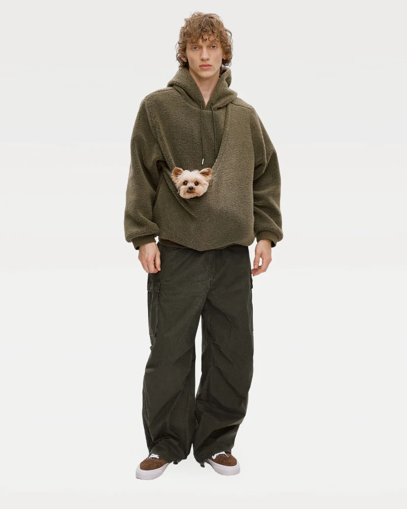 Unisex Fleece Hoodie with Built-In Kangaroo Pouch Dog Carrier in Olive - Image 2