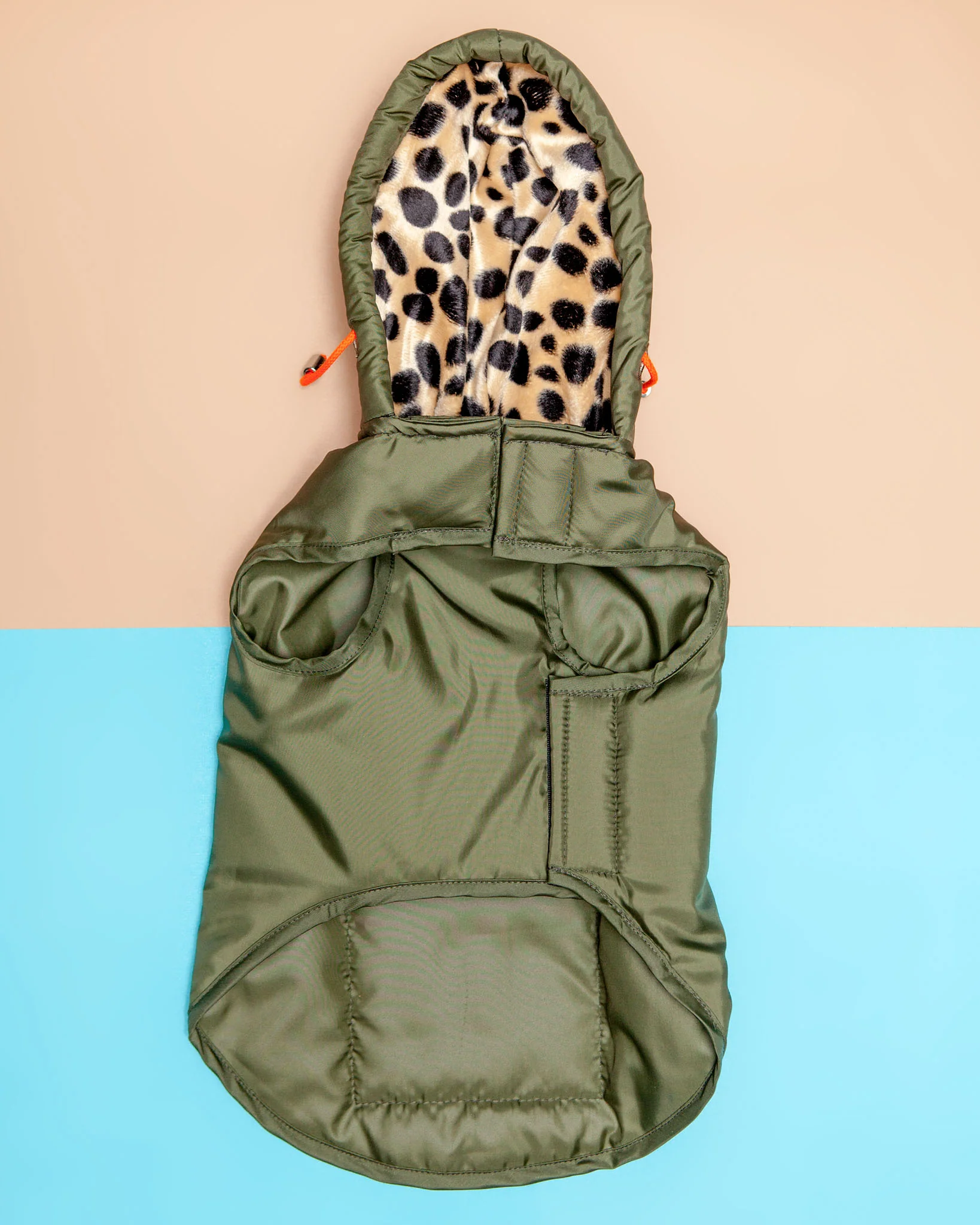 Olive w/ Animal Print Lining Puffer Dog Coat (FINAL SALE) - Image 3