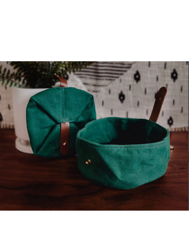 Waxed Canvas and Vegan Leather Dog Travel Bowl in Green<br>(FINAL SALE) - Image 4